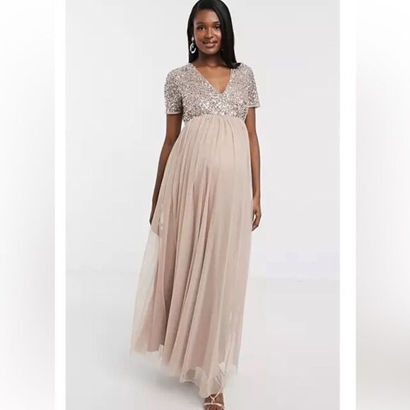 ASOS Maternity- Maya Deluxe Maxi Sequin Short Sleeve Tulle Bottom Dress- Size 4 - Picture 2 of 14